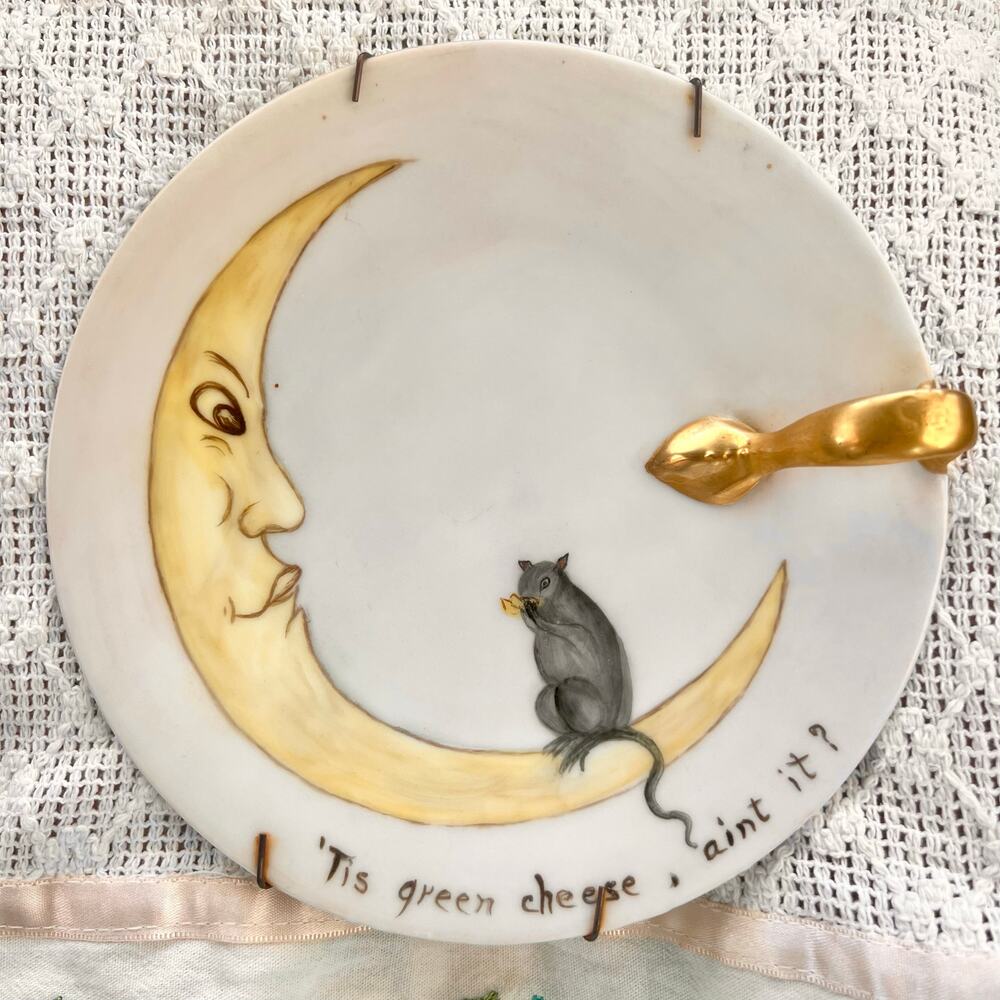 Vintage MCM Royal Bavaria Man in Moon Plate Porcelain Wall Hanging Cheese Quote